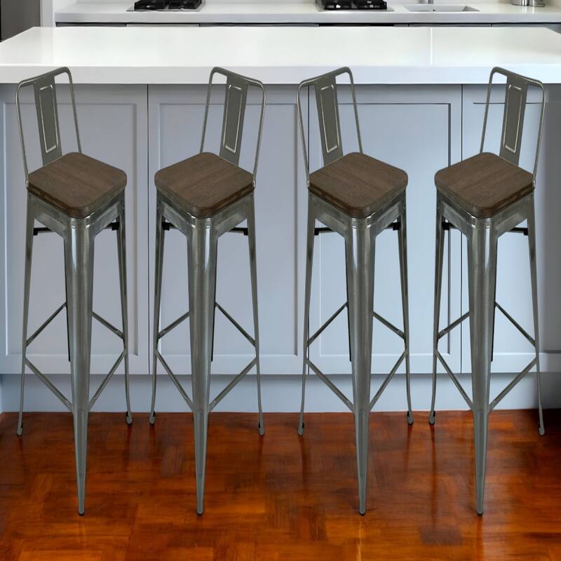 Set of 4 Industrial Style 30 Inch Wood and Metal Bar Height Chairs - 12” x 12” x 30” - Grey-Brown