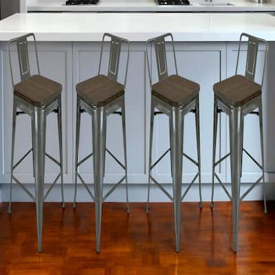 Set of 4 Industrial Style 30 Inch Wood and Metal Bar Height Chairs - 12” x 12” x 30”