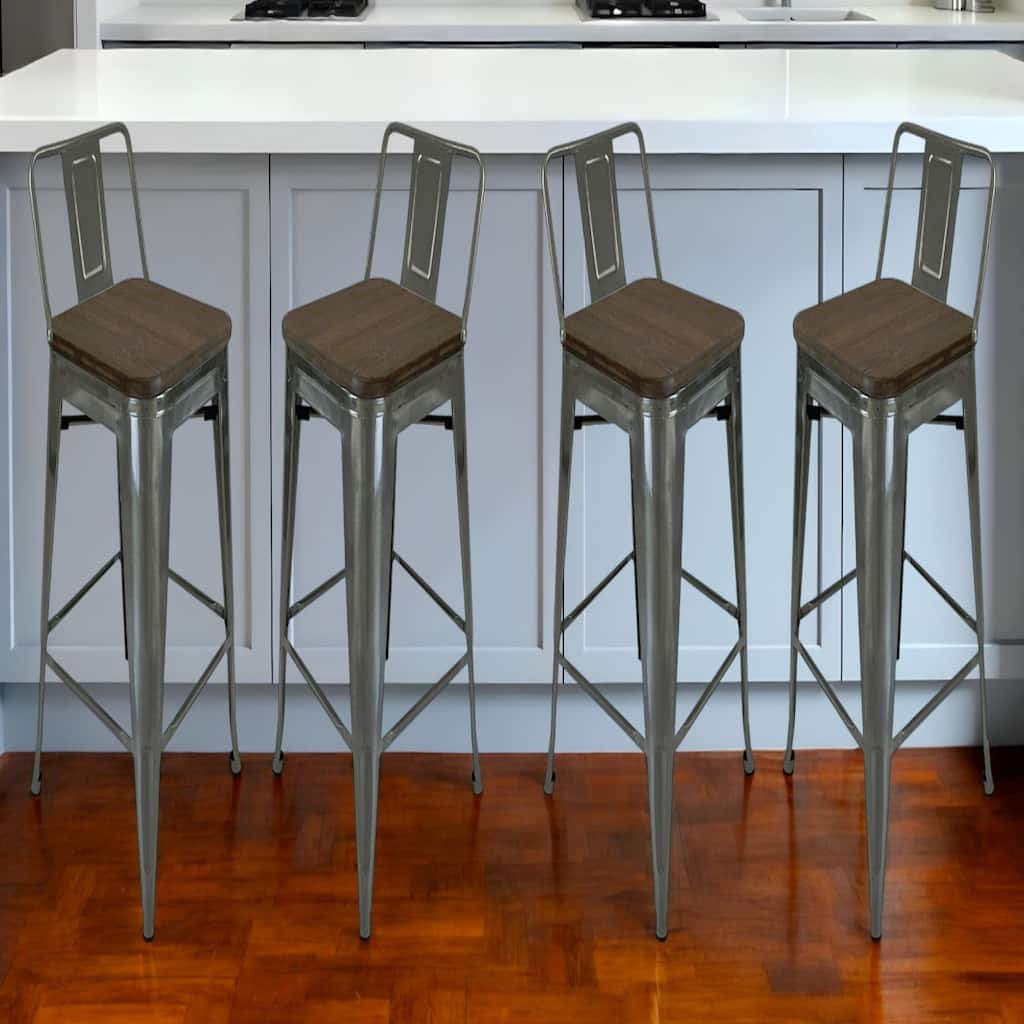 Set of 4 Industrial Style 30 Inch Wood and Metal Bar Height Chairs - 12” x 12” x 30”