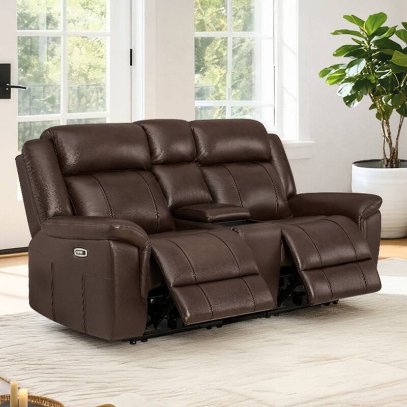 Spruce & Spring Genuine Leather Power Reclining Sofa with Optional Console & Flip-Down Table