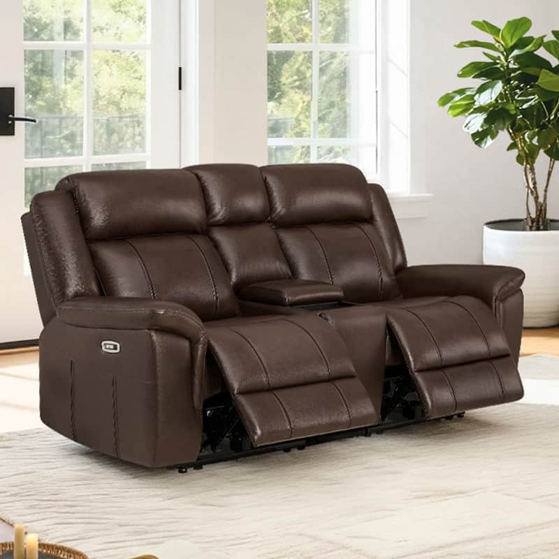 Spruce & Spring Genuine Leather Power Reclining Sofa with Optional Console & Flip-Down Table - 2PC+Console - Dark Brown