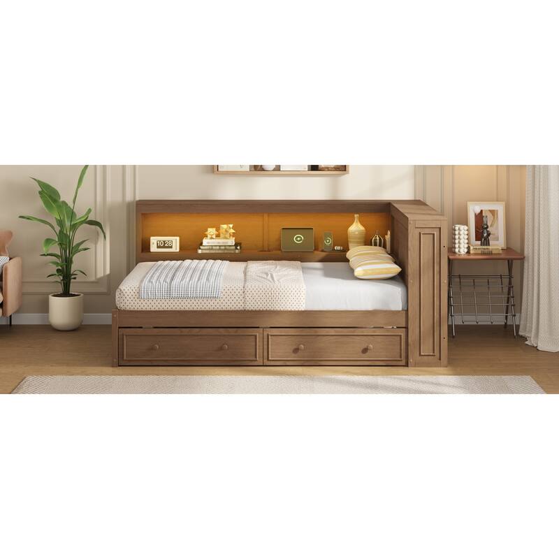 Roomfitters Full Size Wood Daybed with LED Lights, USB Ports and 2 Drawers