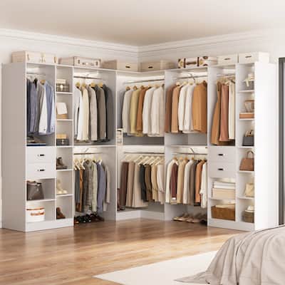 Rackcog 95'' - 188'' Closet System with Hanging Rods, Set of 3 Corner Closet Organizer with Drawers and Shelves