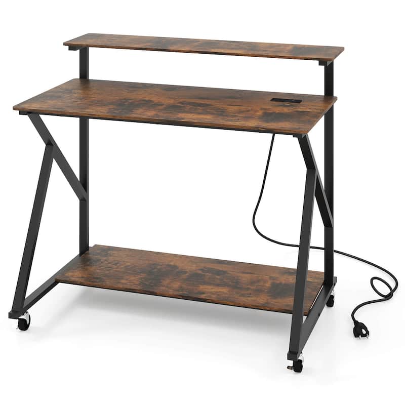 Costway Rolling Computer Desk with Charging Station Monitor Stand - Rustic Brown