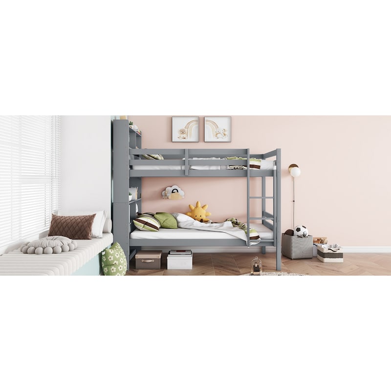 Roomfitters Twin Over Twin Rubber Wood Bunk Bed with Shelves Headboard, Convertible Design, Ladder and Safety Guardrails