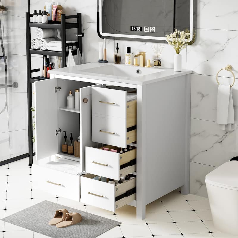 24'' Freestanding Bathroom Vanity in White with White Integrated Ceramic Sink - 30'' x 18.3'' x 33.8''