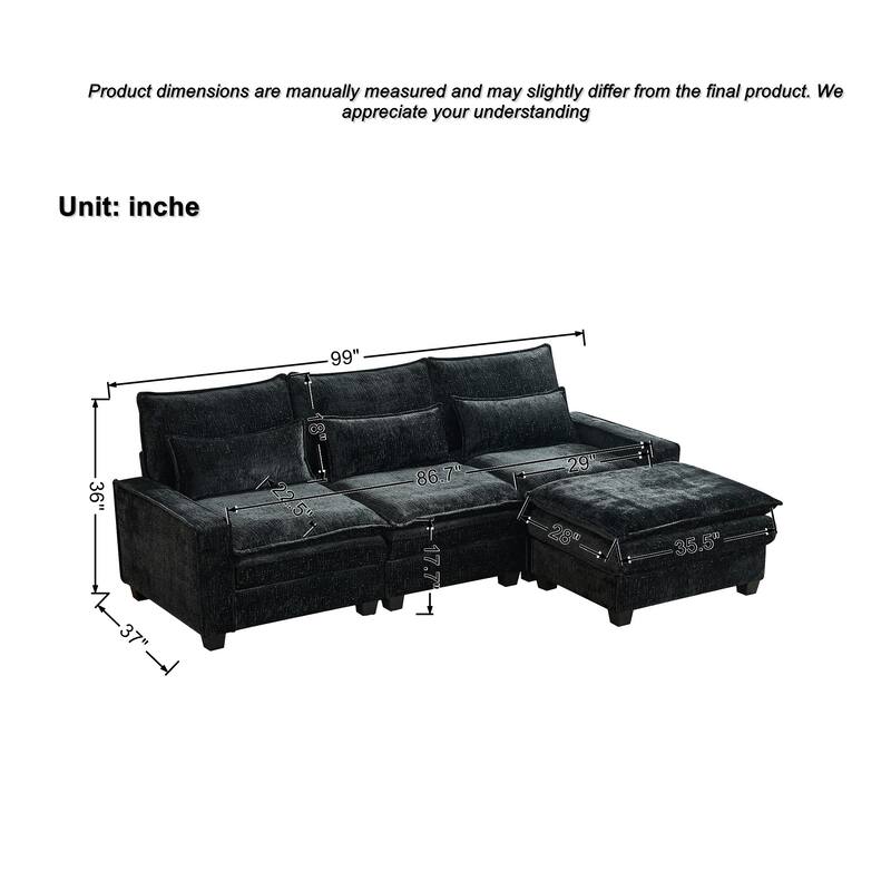Roomfitters 99" Modern Modular Sectional Sofa with Reversible Ottoman, Padded Armrest Couch with Lumbar Pillows