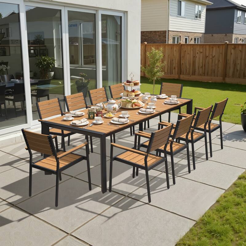 Pellebant Premium Outdoor Patio Aluminum Dining Table with Umbrella Hole - Brown-95.08in