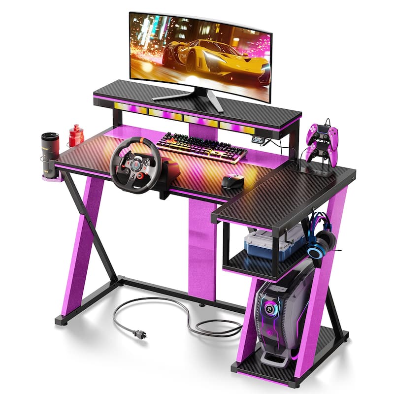 Bestier 42" Computer Desk with Music Sync Light, Corner Desk with Monitor Stand and PS5 Storage Shelves and Headset Hooks