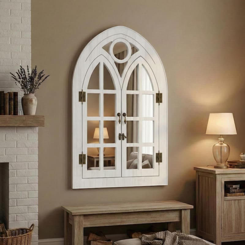 Classic Arched Wood Framed Window Pane Wall Mirror