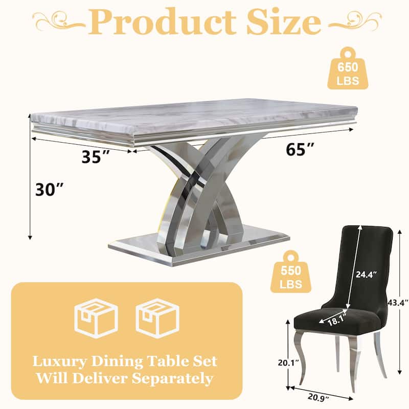 Silver Dining Room Table Set with 65 inch Table and Black Velvet Dining Chairs