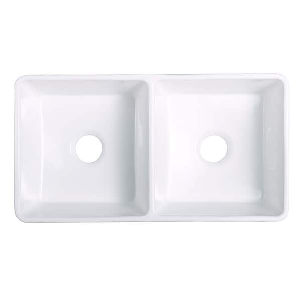slide 2 of 9, Double Bowl Farmhouse Kitchen Sink 33" Undermount Reversible Sink White Rectangular Double Basin with Drains Renovators Supply White