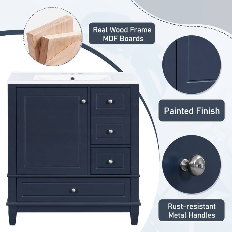 30" Bath Vanity with Sink - 3 Drawers, Door Shelf & Soft-Close Mechanism