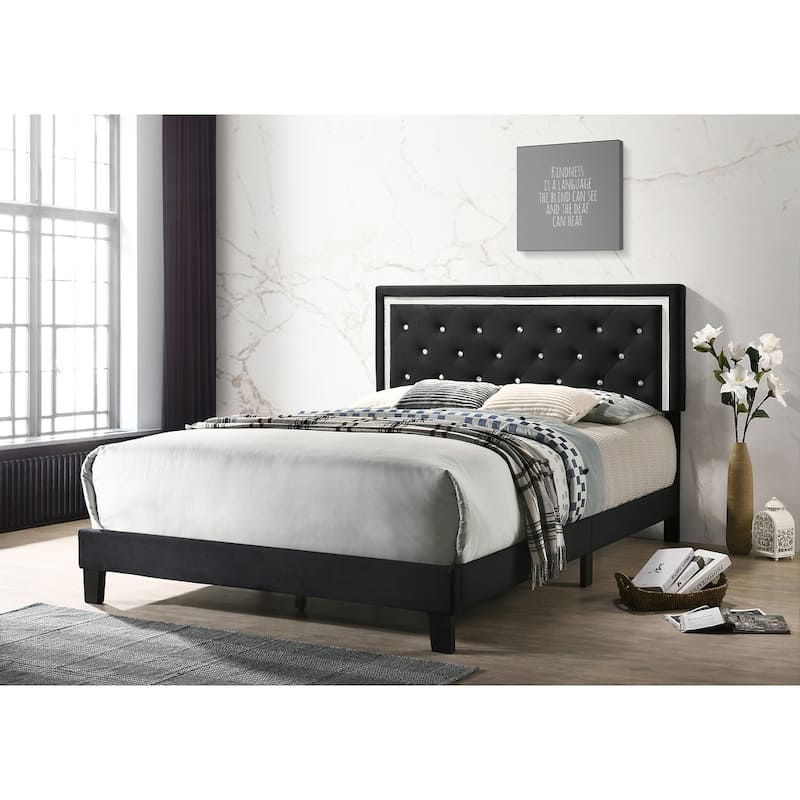 Best Quality Furniture Velvet Faux Crystal Tufted Beds with Faux Crystal Studded Border - Black - Queen