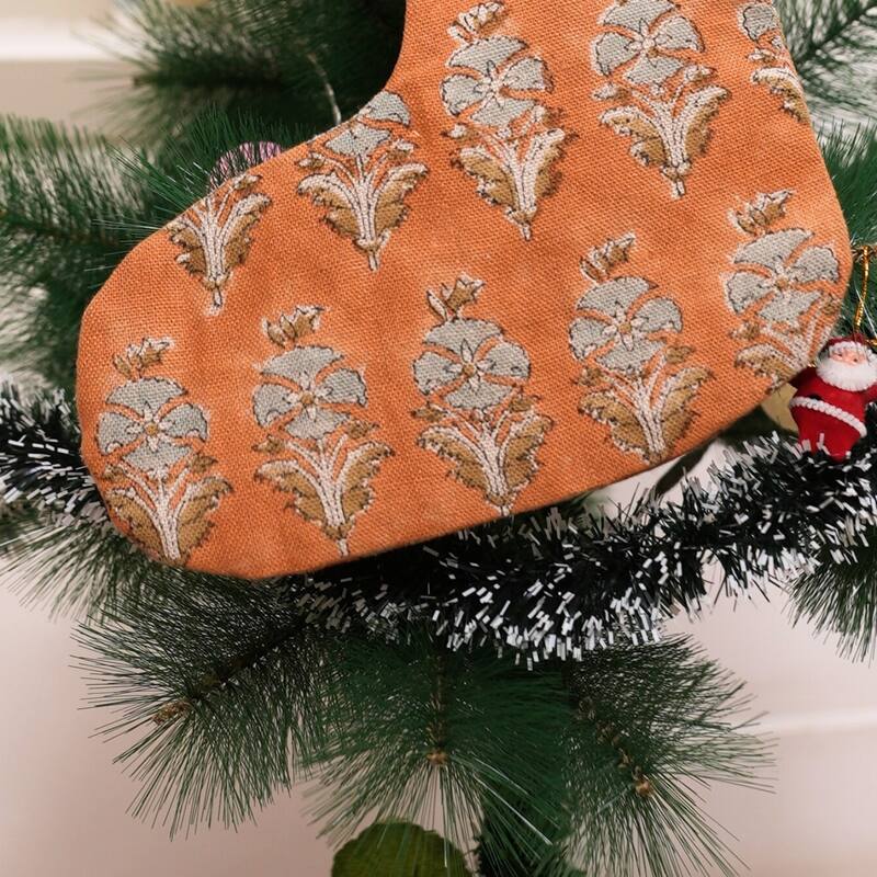 Fabdivine 16x6.5 Inches Hand Floral Block Print Christmas Stockings Tassle and Loop Perfect for Gift - 16"X6.5"