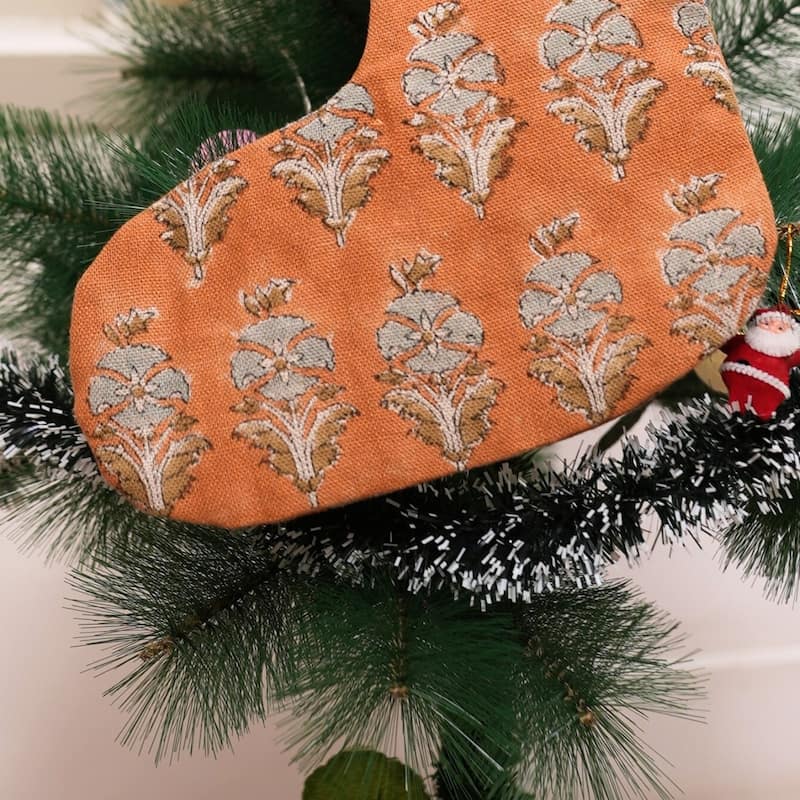 Fabdivine Handmade Christmas Stocking Floral Block Print 10X4.5 Inch Tassel Loop for Home Décor - 10"X4.5"