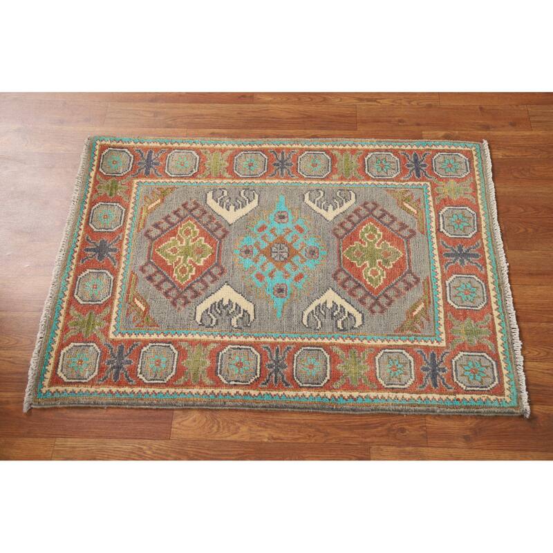 Gray Kazak Oriental Rug Hand-Knotted Traditional Wool Carpet - 2'0"x 3'0"