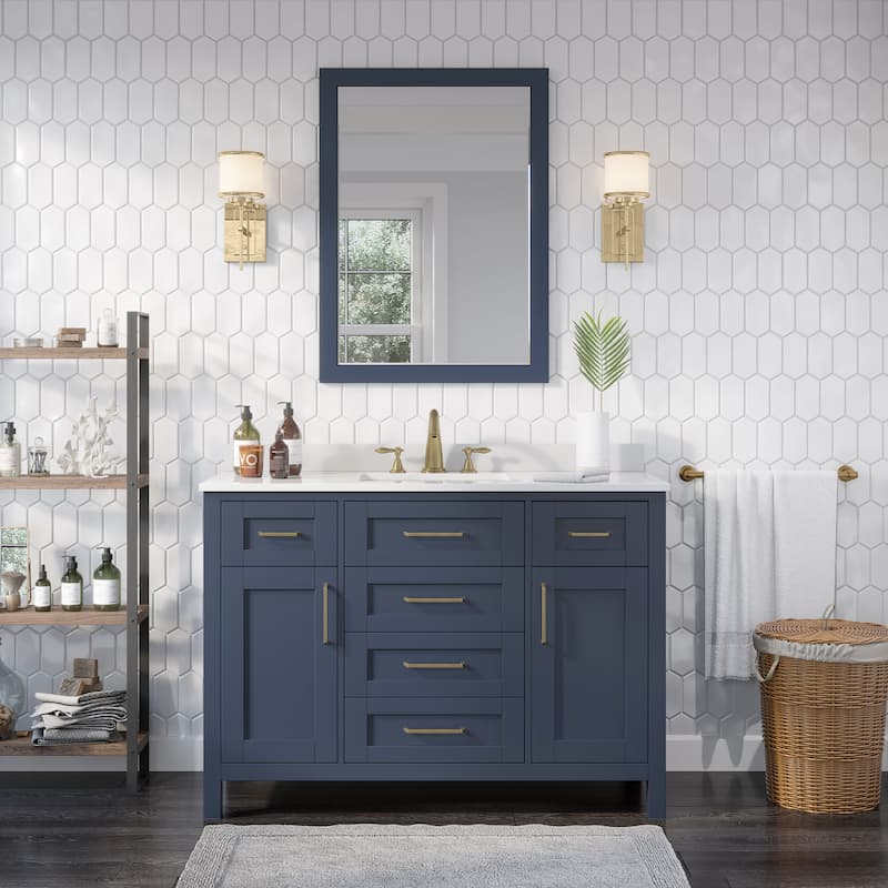 OVE Decors Tahoe 48 in. Midnight Blue Single Sink Vanity with White Cultured Marble Top and Mirror