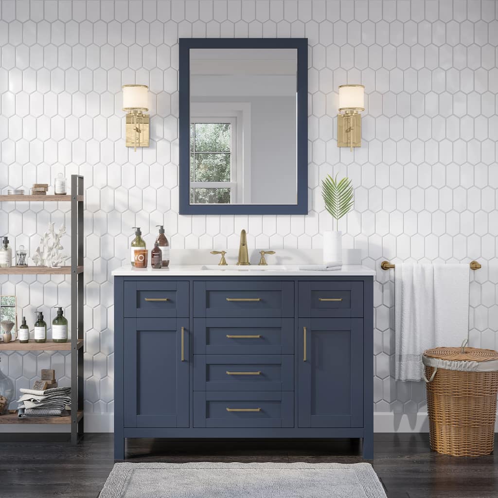 OVE Decors Tahoe 48 in. Midnight Blue Single Sink Vanity with White Cultured Marble Top and Mirror