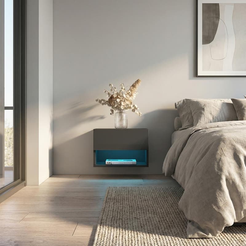 Meble Furniture Air Modern Floating Wall-Mounted Nightstand 19.7"W x 15.7"D x 13.5"H White LED Lighting European Design