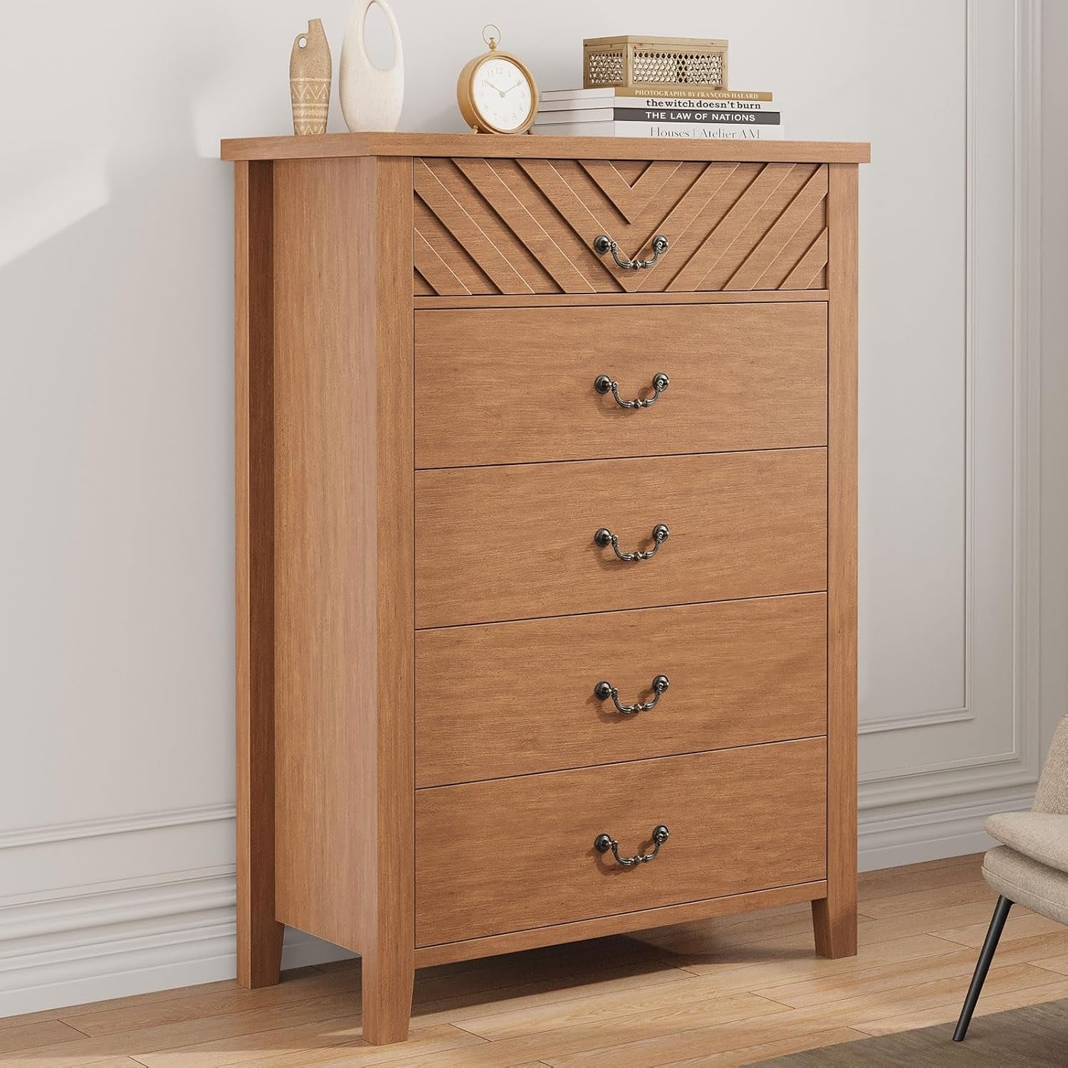 5-Drawer Brown Wooden Dresser, Elegant V Shape Nightstand, Storage for Living Room, Nursery, Entryway, Bedroom