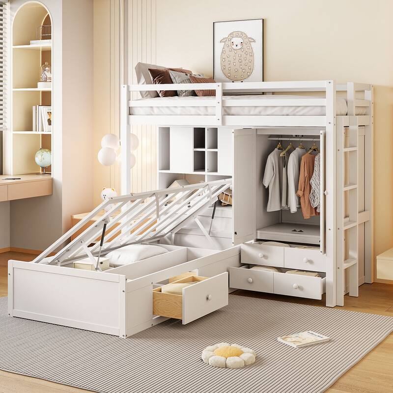 Twin Bunk Bed with Wardrobe, 6 Drawers Hydraulic Storage and MDF+LVL, 600lb Capacity, Space-Saving Design - White