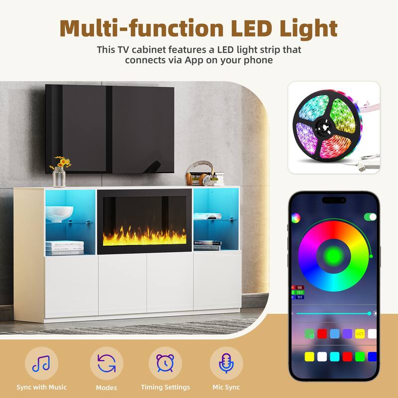 Modern LED TV Stand, for TVs up to 75 Inches with Electric Fireplace and Tempered Glass Shelf, for Living Rooms