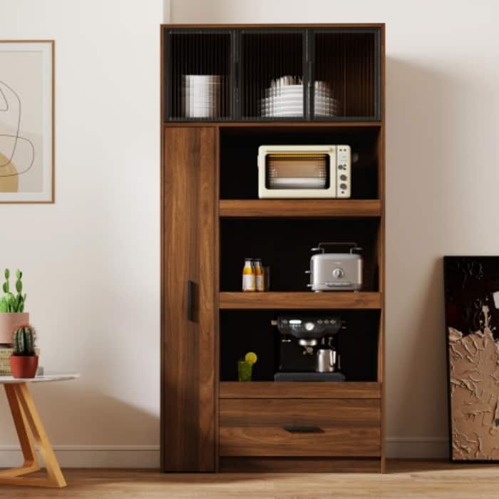 70.87" Tall Kitchen Pantry Cabinet with Pull-Out Shelves, Drawer & Aluminum Glass Door, Freestanding Microwave Stand