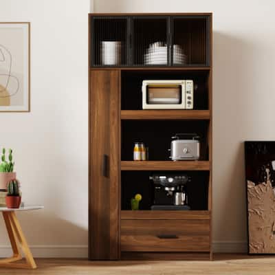70.87" Tall Kitchen Pantry Cabinet with Pull-Out Shelves, Drawer & Aluminum Glass Door, Freestanding Microwave Stand