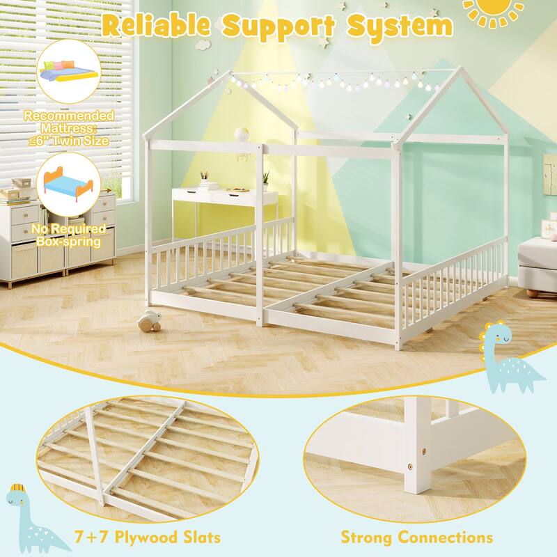 Gymax Double Floor Bed w/ Safety Guardrails No Box Spring Needed for