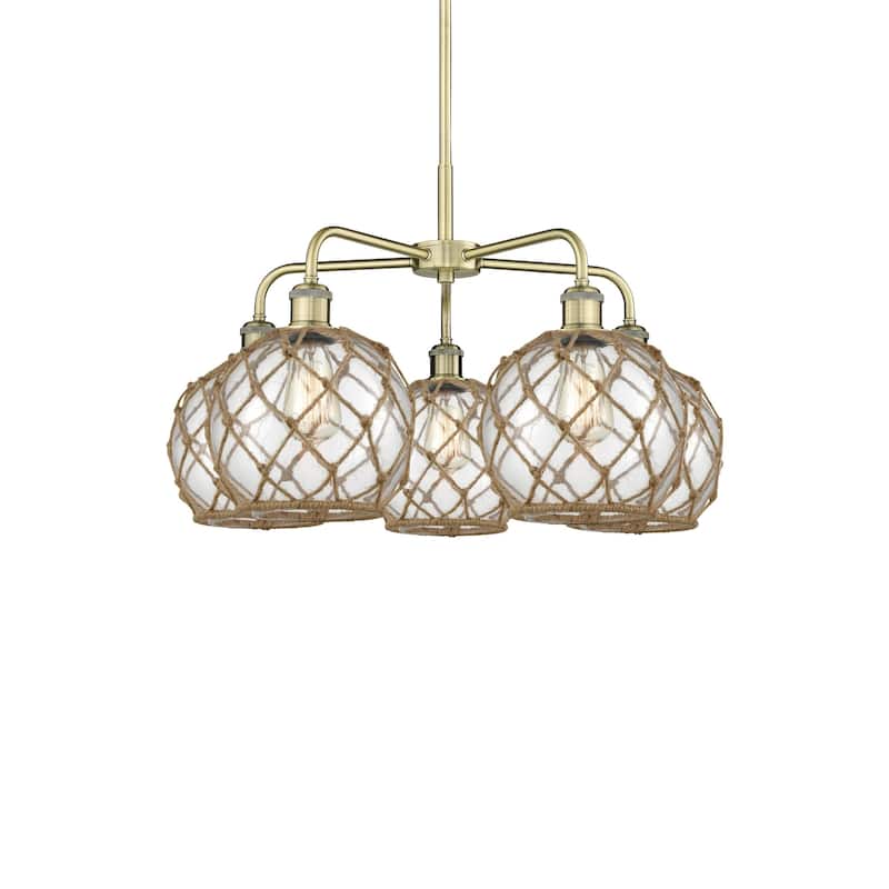 Innovations Lighting 516-5CR-16-27 Farmhouse Rope Chandelier Farmhouse - Antique Brass / Clear Glass with Brown Rope