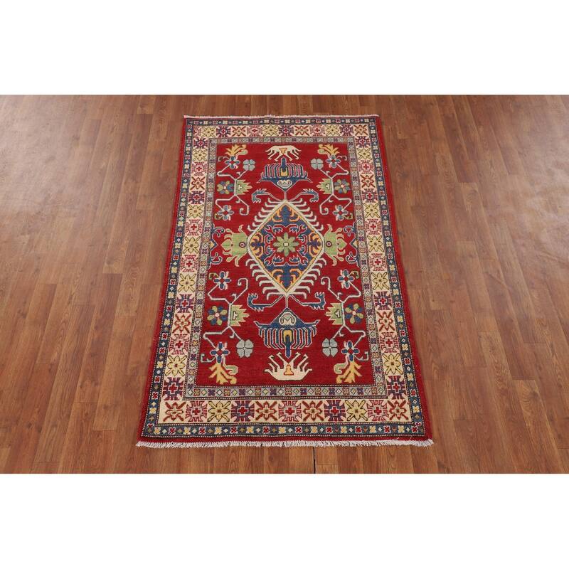 Red Geometric Kazak Rug Handmade Oriental Foyer Wool Carpet - 3'3" x 5'5"