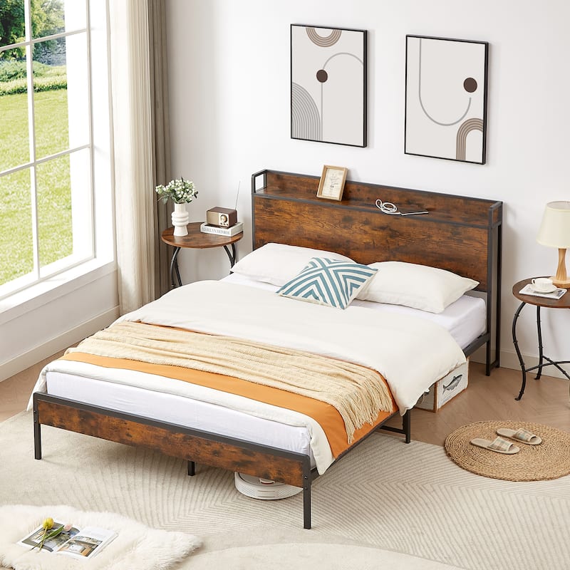 Queen Size Metal and Wood Charging Platform Bed