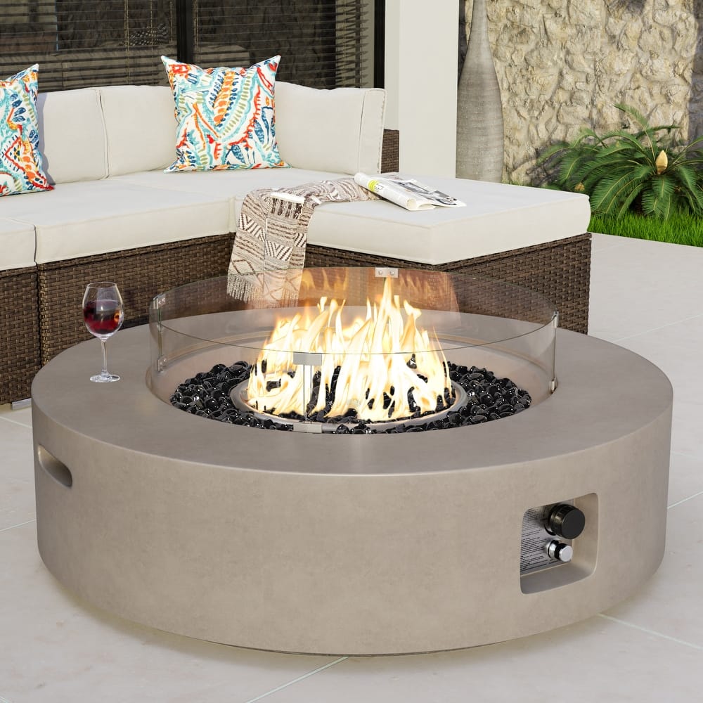 COSIEST Outdoor 41''Round Concrete Fire Pit Table with Wind Guard