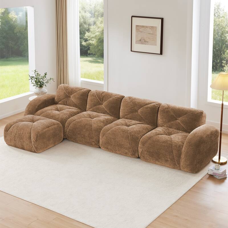 L-shaped Soft Velvet Fabric, Tufted Design, 32D High Density Sponge Bottom, Ergonomic Design Bottom, Anti-Slip Design - Camel
