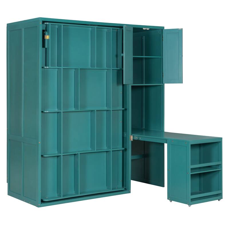 Twin Size Rotating Murphy Wall Bed with Bookshelf, Top Cabinet, Modern Foldable Cabinet Bed with Extendable Desk, Side Storage