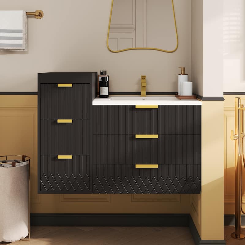 24 inch Wall Mounted Bathroom Vanity with Ceramic Sink, Side Cabinet & Single Hole Faucet