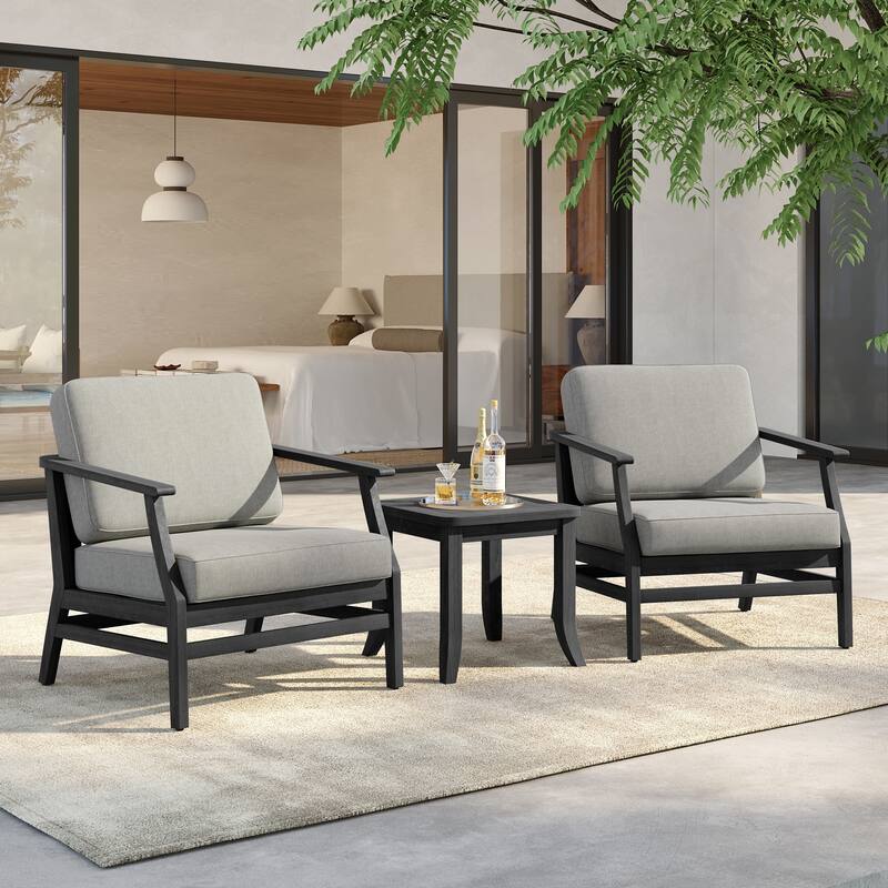 3 Set Outdoor Teak Wood Club Chairs with Side Table - BlackFrame-Light Camel