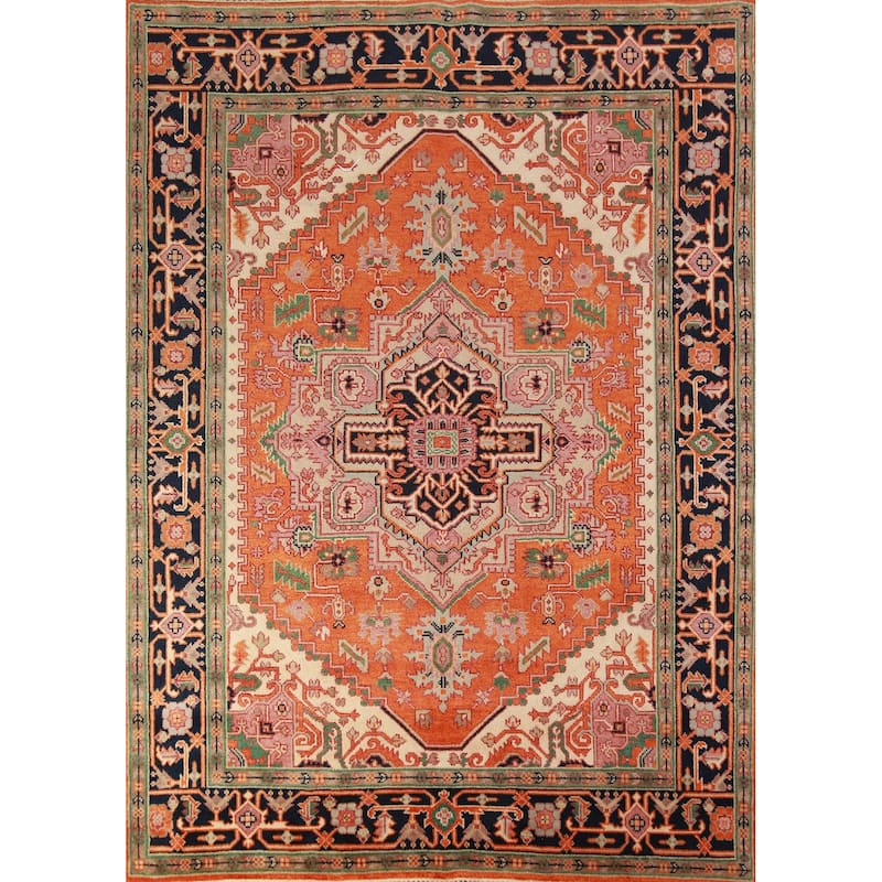 Orange Medallion Heriz Serapi Oriental Rug Hand-Knotted Wool Carpet - 8'1" x 9'11"