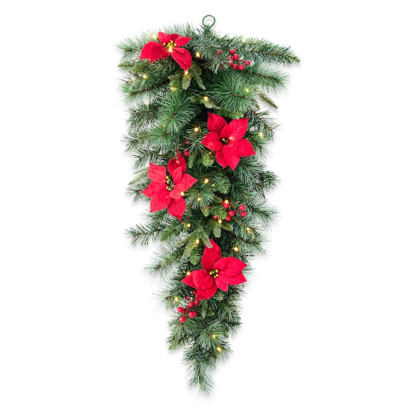 Glitzhome 4ft/5ft Pre-Lit Pine Artificial Christmas Potted Porch Trees with Warm White Lights and Poinsettia