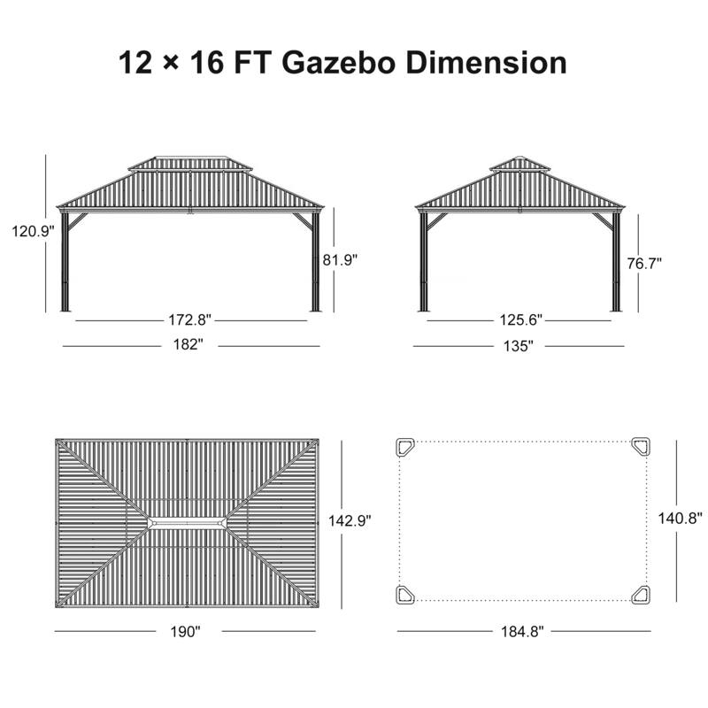 PURPLE LEAF 10x12 Outdoor Galvanized Steel Hardtop Gazebo, Aluminum Frame Gazebo With Curtains