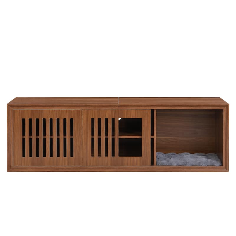 TV Stand with Slatted Doors, Cat-Friendly Private Compartments, Wood Media Console with Adjustable Length