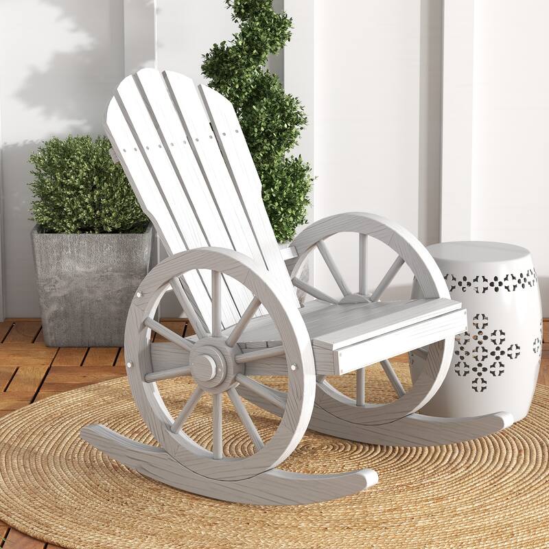 Outdoor Wooden Adirondack Rocking Chair with Wagon Wheel Armrest, Slatted Design and Oversized Back