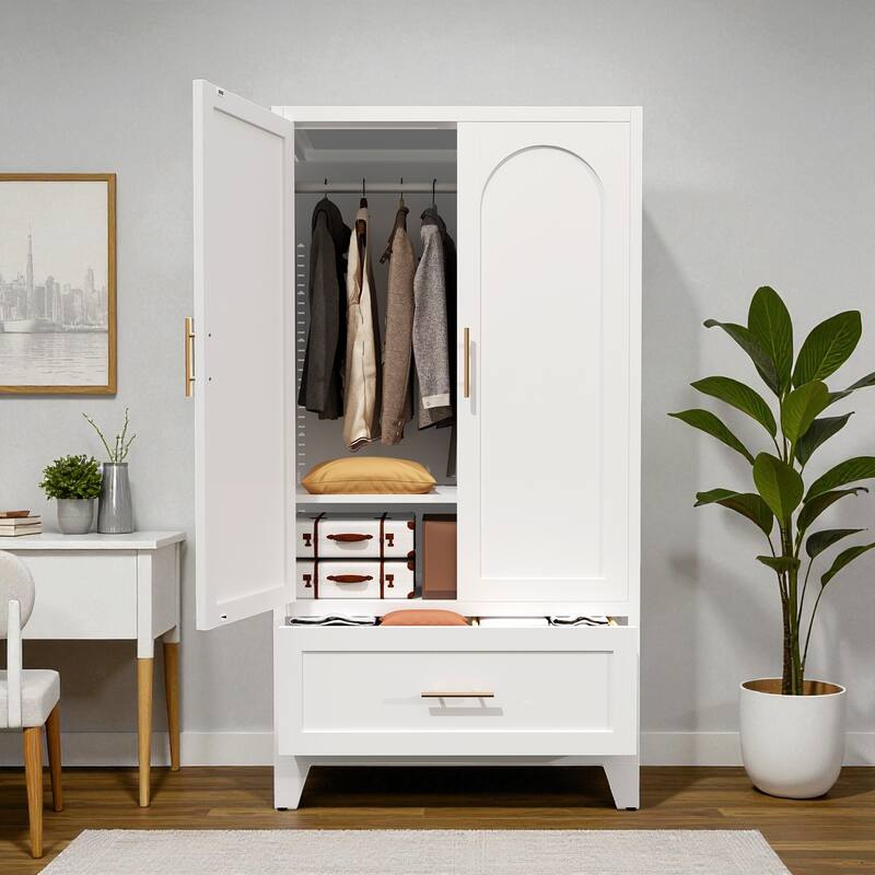 60" Metal Wardrobe Cabinet with Drawer and Hanging Rod, Steel Storage Closet with Adjustable Shelf for Bedroom & Office