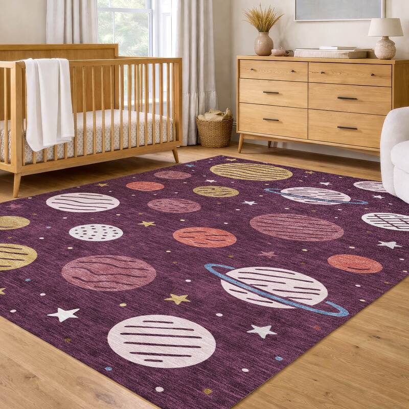 Machine Washable Indoor/ Outdoor Modern Planets Chantille Rug