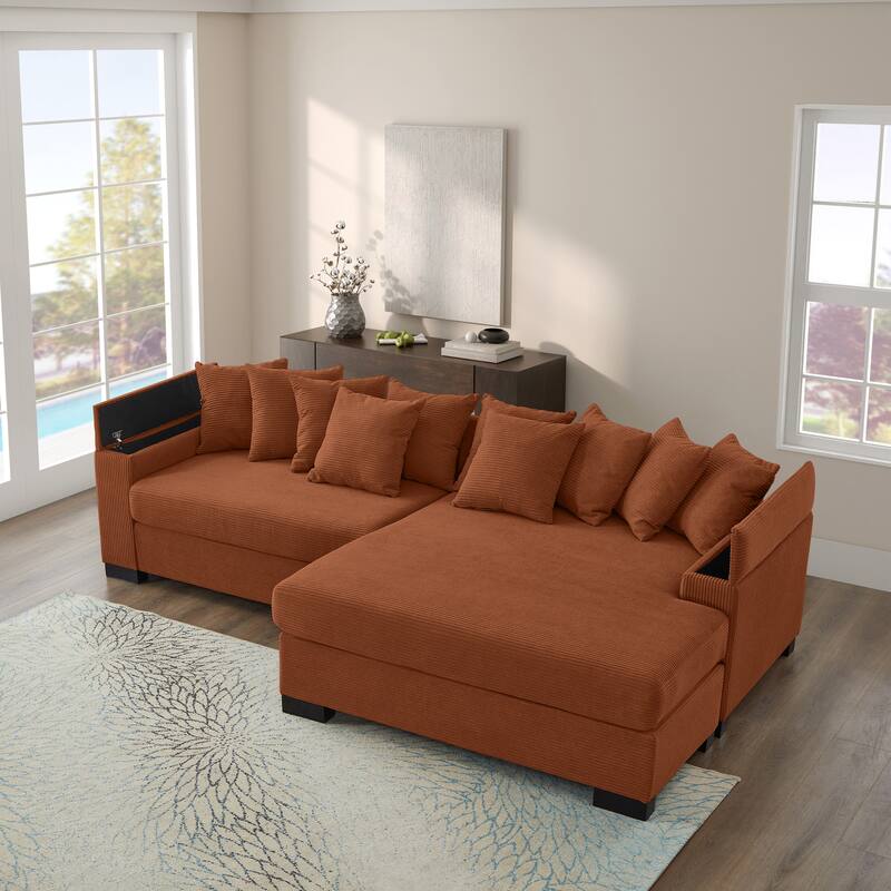 111" Luxury L-Shaped Sectional - Convertible Chaise Lounge with Hidden Storage, Corduroy Upholstery