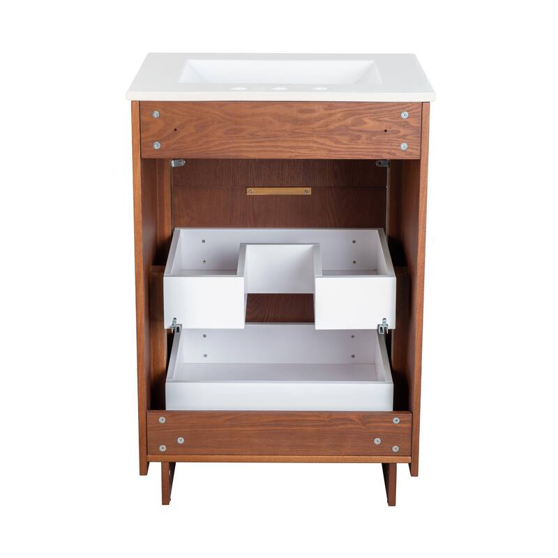 Daxton 24 In. Brown Walnut Bathroom Vanity With White, 3-Hole Ceramic Sink Top