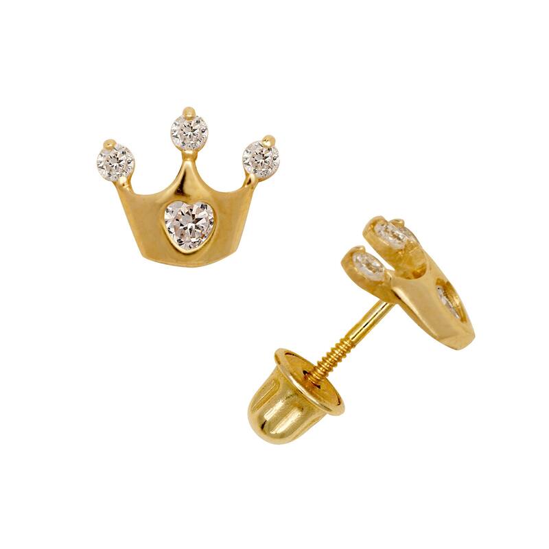 Curata 14k Gold Round Cubic Zirconia Small Crown Stud Screw Back Earrings - Orange - Yellow