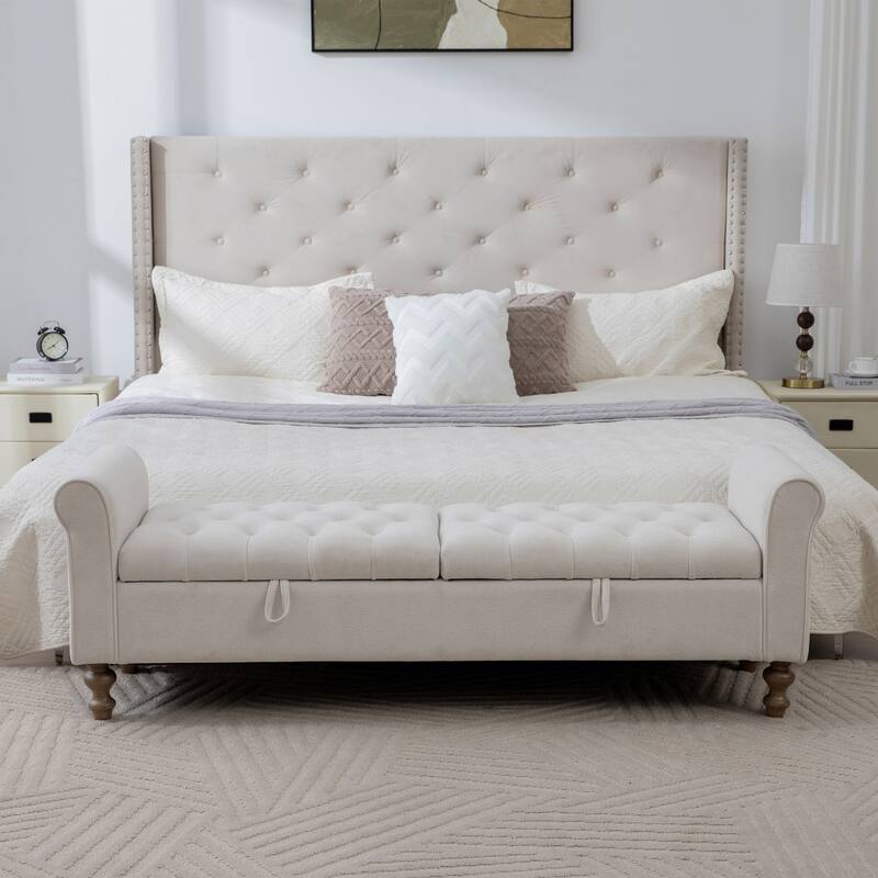 65.7"W Tufted Upholstered Storage Bench With Double Lids,Rubberwood Legs