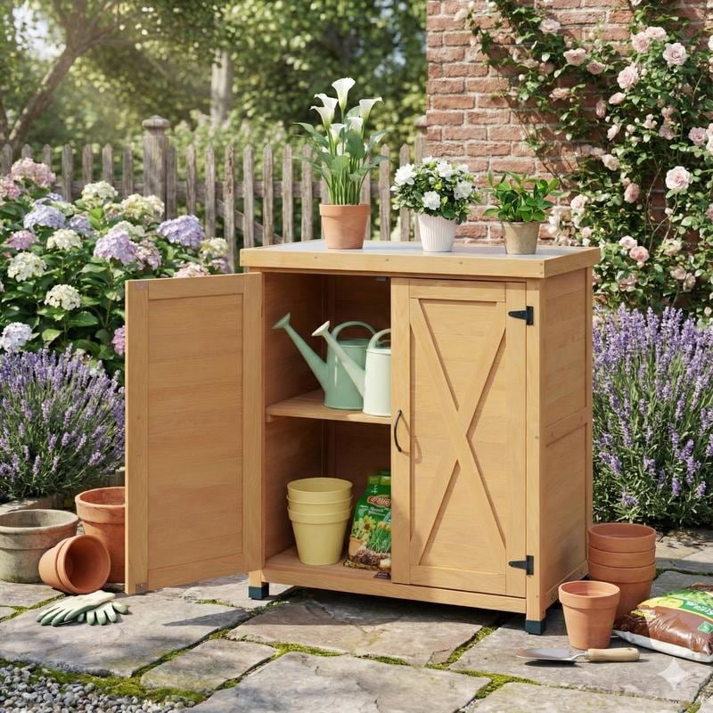 Outdoor Patio Potting Bench with Storage Cabinet and Metal Table Top